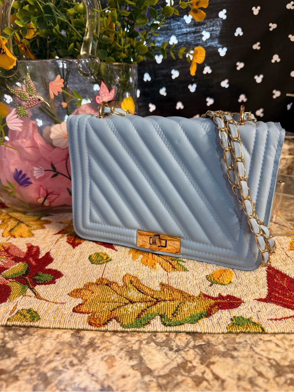 Light Blue Quilted Chain-Shoulder Bag